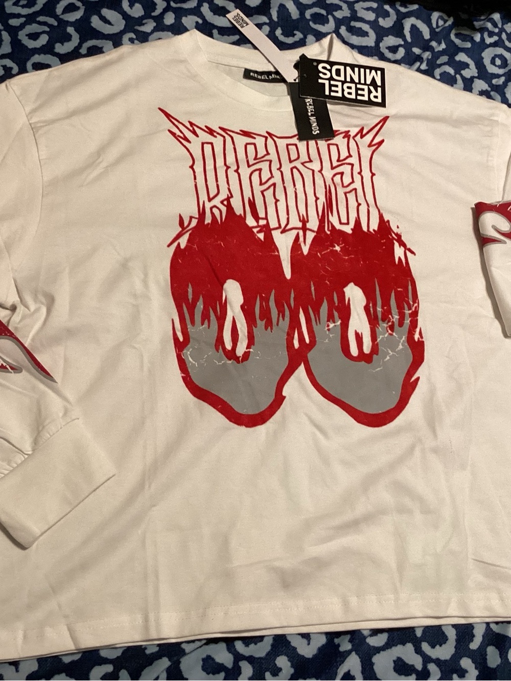 Rebel Minds White Long-Sleeve Graphic Tee with Red & Gray Flame Design
